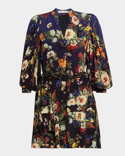Alice And Olivia Antonette Floral Belted Long-sleeve Mini Dress In Brown