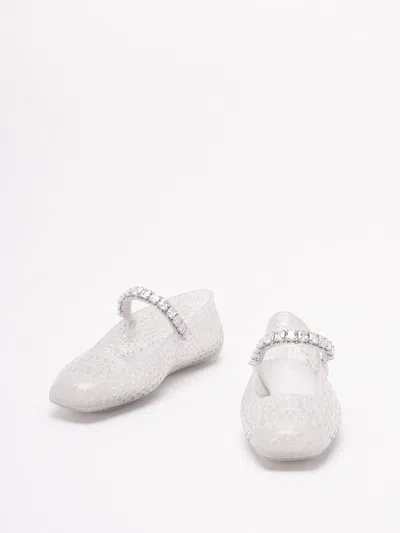 Jimmy Choo Square Toe Ballerinas With Crystal Strap In White