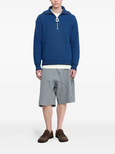 Jw Anderson Blue Sweater With Half Zip Closure On The Front In Cotton Piquet Man In Blue