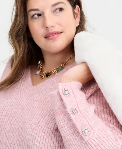 On 34th Trendy Plus Size Embellished-cuff Sweater, Macy's Exclusive In Pink