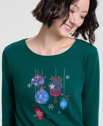 Holiday Lane Women's Ornaments Long-sleeve Top, Macy's Exclusive In Green