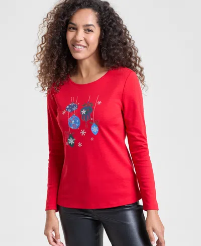 Holiday Lane Women's Ornaments Long-sleeve Top, Macy's Exclusive In Red