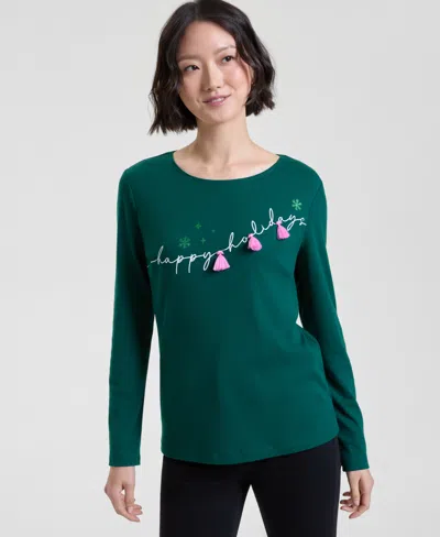 Holiday Lane Women's Festive Moment Long-sleeve Top, Macy's Exclusive In Green