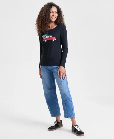 Holiday Lane Women's Kate Holiday Truck Long-sleeve Top, Macy's Exclusive In Black