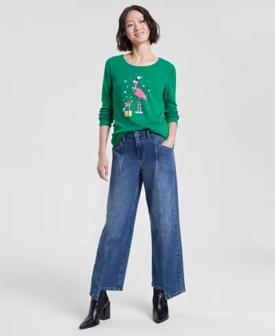 Holiday Lane Women's Holiday Flamingo Long-sleeve Top, Macy's Exclusive In Green