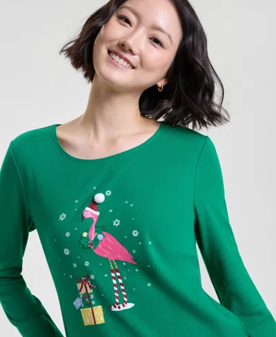 Holiday Lane Women's Holiday Flamingo Long-sleeve Top, Macy's Exclusive In Green