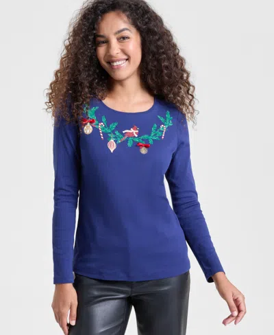Holiday Lane Women's Holiday Cardinal Long-sleeve Top, Macy's Exclusive In Blue
