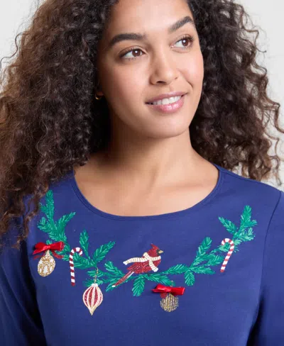 Holiday Lane Women's Holiday Cardinal Long-sleeve Top, Macy's Exclusive In Blue