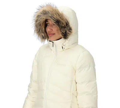 Marmot Montreaux 700 Fill Power Down Hooded Coat With Faux Fur Trim In Papyrus