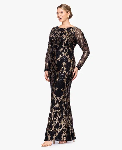 B & A By Betsy And Adam Betsy & Adam Plus Size Sequined Long-sleeve Sheath Gown In Black