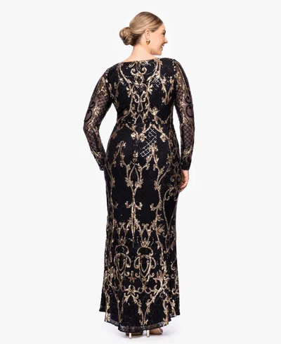 B & A By Betsy And Adam Betsy & Adam Plus Size Sequined Long-sleeve Sheath Gown In Black