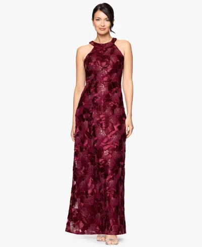 Betsy & Adam Petite Sleeveless Floral Sequin Sheath Gown In Burgundy