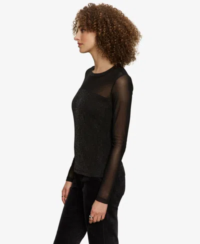 Sanctuary Sparkle Mesh Crewneck Top In Black