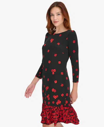 Tommy Hilfiger Petite Placement Print Ruffle Hem Dress In Multi