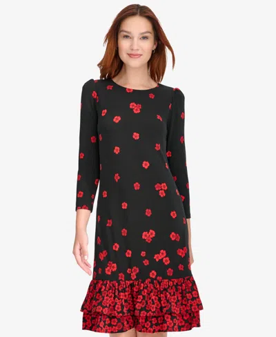 Tommy Hilfiger Petite Placement Print Ruffle Hem Dress In Multi