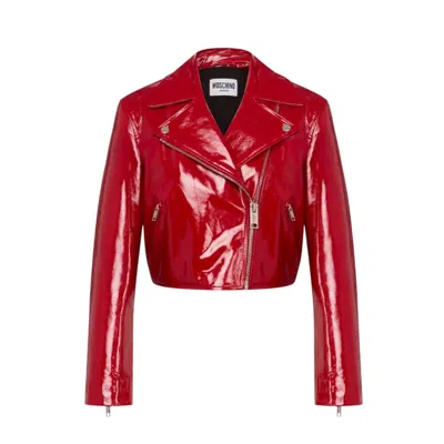 Moschino Cropped Patent Leather Moto Jacket In Red