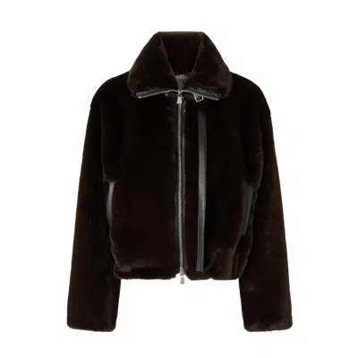 Pinko Cropped Brown Coat With Faux Fur Texture In Brown