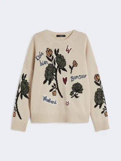 Max Mara Ribbed Fit Crewneck Sweater With Iconic Embroidery In Neutral