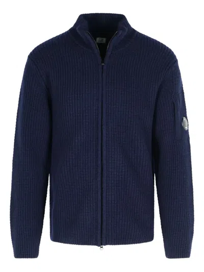 C.p. Company Ribbed Knit Zip-up Sweater With High Collar And Logo Patch In Blue