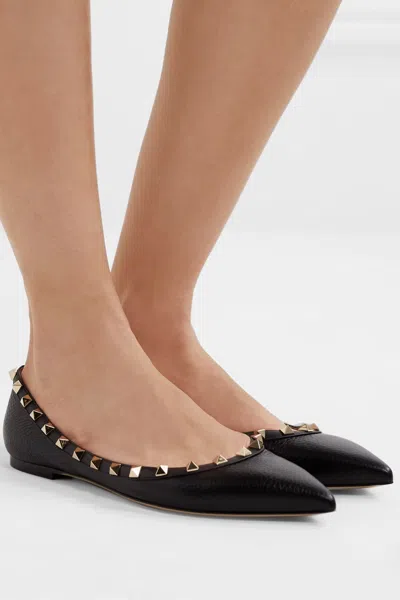 Valentino Rockstud Leather Ballet Flats In Black