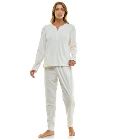Roudelain Women's 2-piece Long-sleeve Henley Neck Top And Joggers Set In White
