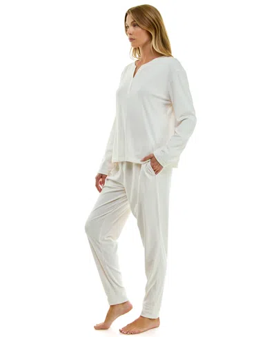 Roudelain Women's 2-piece Long-sleeve Henley Neck Top And Joggers Set In White