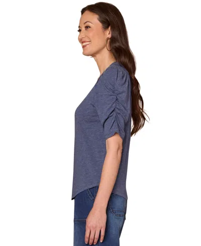 Democracy Petite Puff-sleeve V-neck Knit Top In Blue