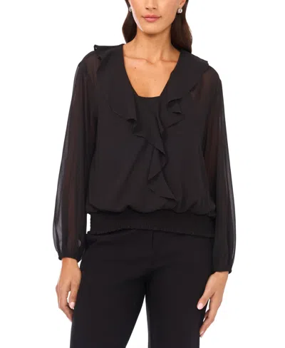 Vince Camuto Women's Overlapping Long Sleeve Ruffle Top In Black