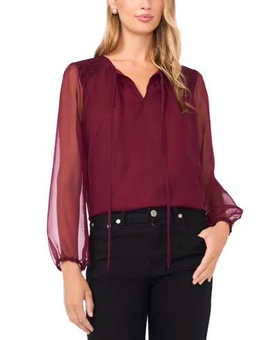 Vince Camuto Sheer Sleeve Tie Neck Top In Burgundy