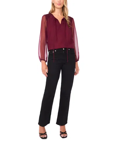 Vince Camuto Sheer Sleeve Tie Neck Top In Burgundy