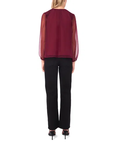 Vince Camuto Sheer Sleeve Tie Neck Top In Burgundy
