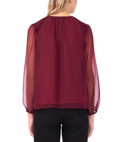 Vince Camuto Sheer Sleeve Tie Neck Top In Burgundy