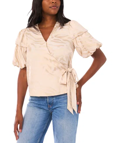 Vince Camuto Double Bubble Sleeve Satin Jacquard Wrap Front Top In Brown