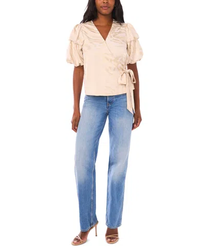 Vince Camuto Double Bubble Sleeve Satin Jacquard Wrap Front Top In Brown