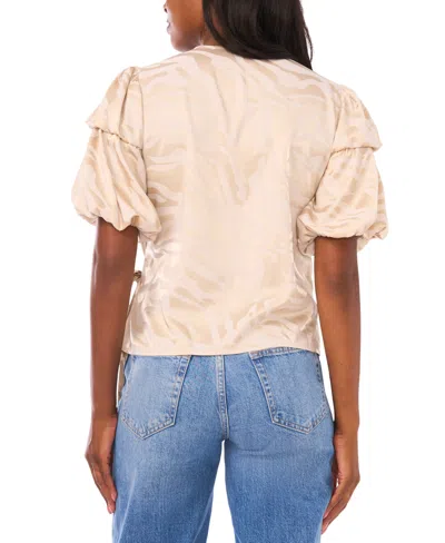 Vince Camuto Double Bubble Sleeve Satin Jacquard Wrap Front Top In Brown