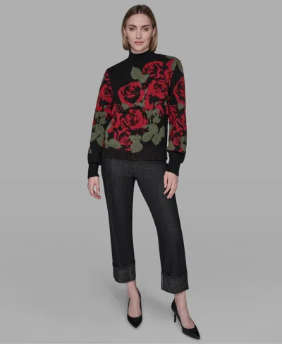 Karl Lagerfeld Women's Mock Neck Rose Print Sweater In Multi