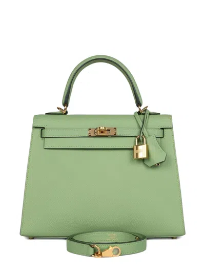 Pre-owned Hermes Kelly Sellier 25 Leather Tote Bag In Green