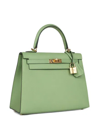 Pre-owned Hermes Kelly Sellier 25 Leather Tote Bag In Green
