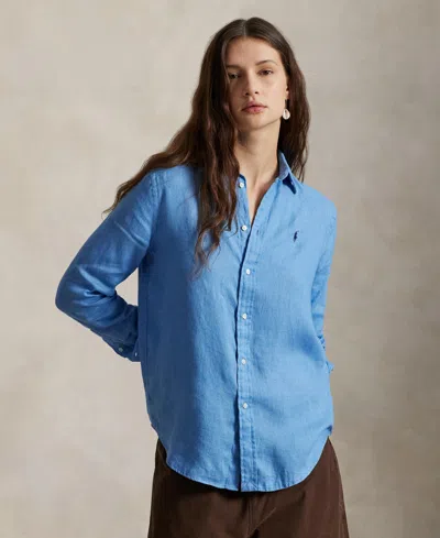 Polo Ralph Lauren Womens Blue Brand-embroidered Long-sleeved Linen Shirt In Blue