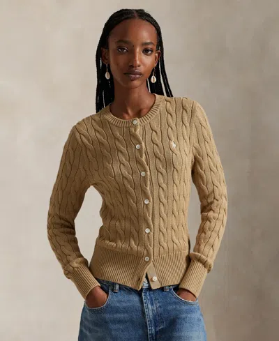 Polo Ralph Lauren Cotton Cable Long Sleeve Cardigan Vintage Khaki In Brown