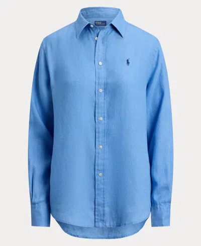 Polo Ralph Lauren Womens Blue Brand-embroidered Long-sleeved Linen Shirt In Blue