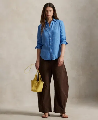 Polo Ralph Lauren Womens Blue Brand-embroidered Long-sleeved Linen Shirt In Blue
