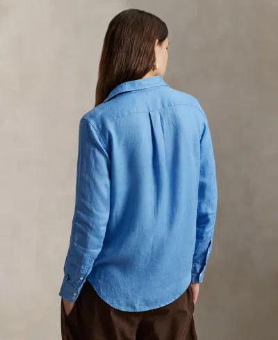 Polo Ralph Lauren Womens Blue Brand-embroidered Long-sleeved Linen Shirt In Blue