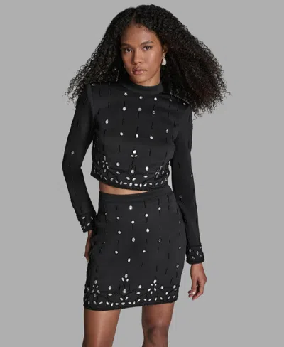 Bcbg Crystal & Bead Detail Long Sleeve Top & Miniskirt Set In Black