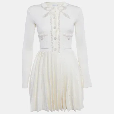 Pre-owned Self-portrait Cream Embellished Bow Pleated Knit Mini Dress S In White