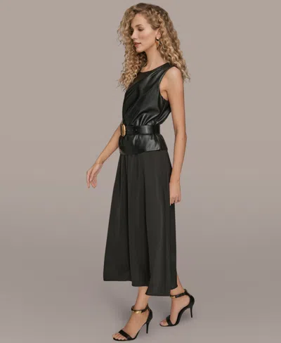Donna Karan New York Faux Leather Sleeveless Belted Mixed Media Dress In Black