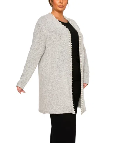 Coin 1804 Plus Size Cozy Pocket Cardigan Sweater With Cultivated Pearls In Gray