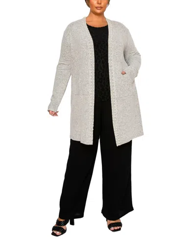 Coin 1804 Plus Size Cozy Pocket Cardigan Sweater With Cultivated Pearls In Gray