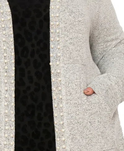 Coin 1804 Plus Size Cozy Pocket Cardigan Sweater With Cultivated Pearls In Gray