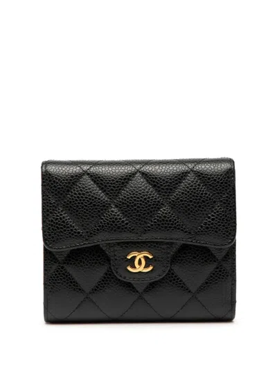 Pre-owned Chanel 2018-2019 Cc Quilted Caviar Compact Flap Wallet Small Wallets In Black
